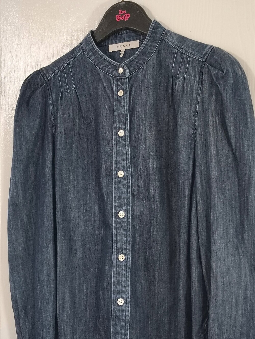 FRAME $268 Charlie Puff-Sleeve Denim Top Women's Small "Gorham" Dark Wash - Picture 15 of 15